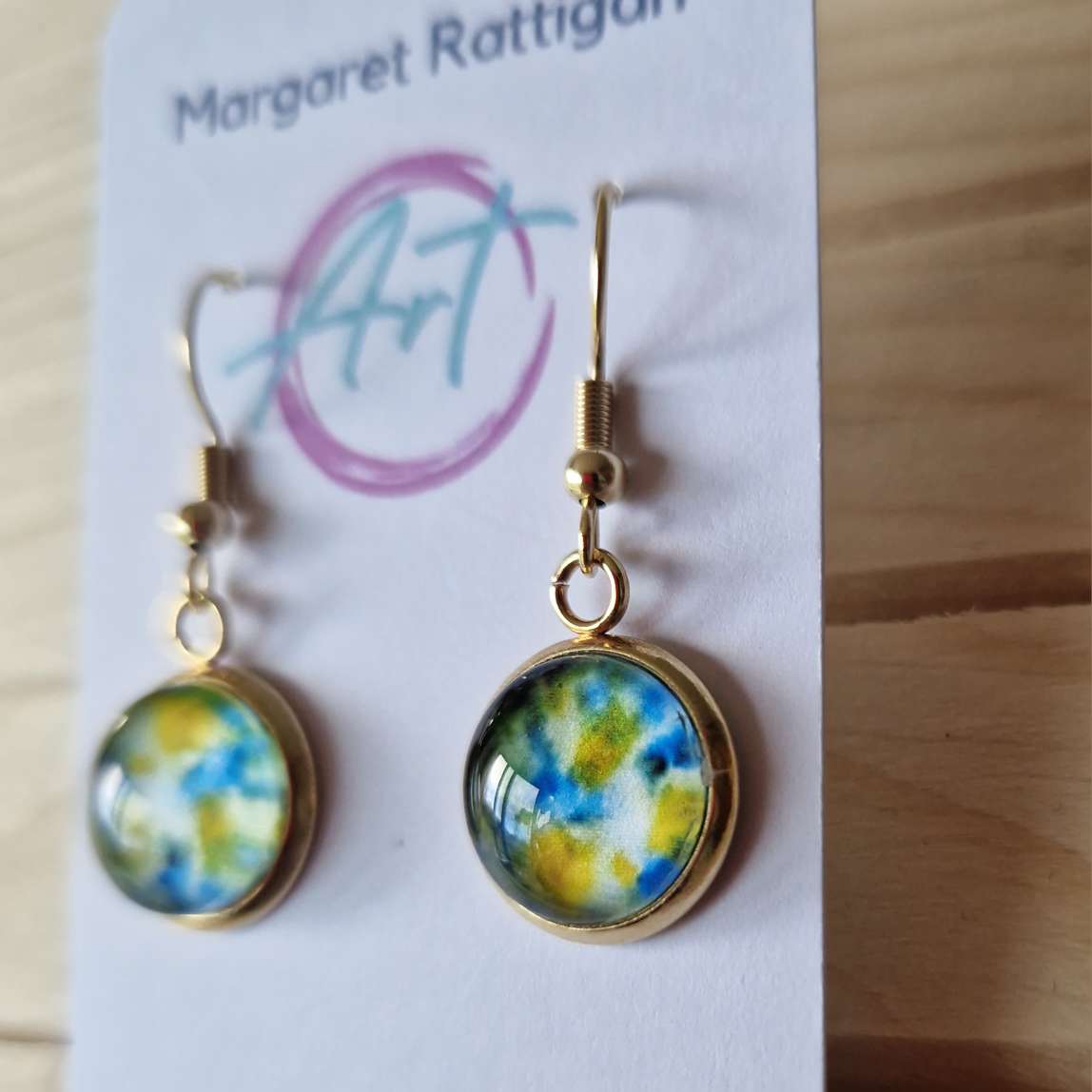 Irish moon Art dangle Earrings, 18ct gold plated.