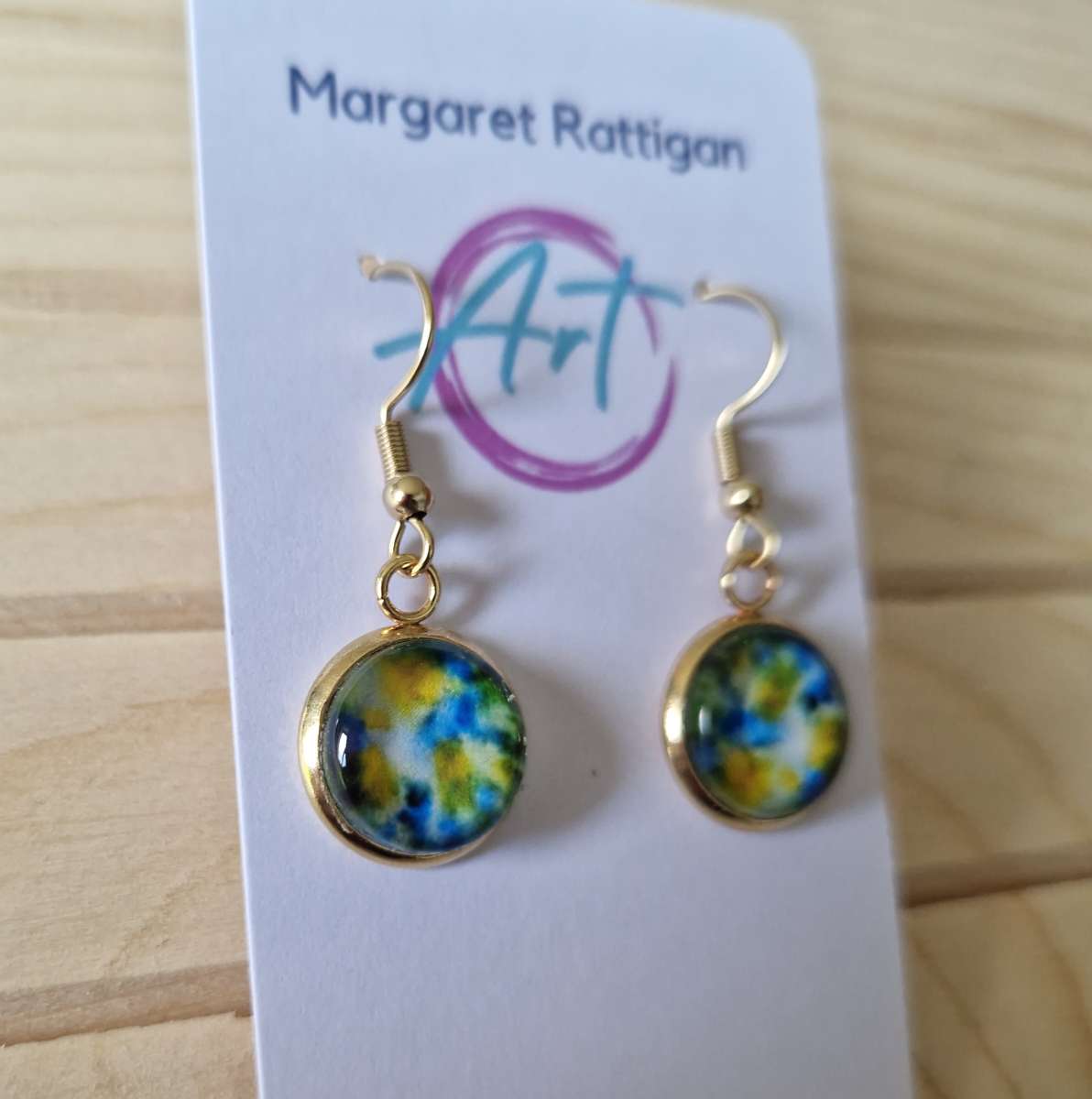 Irish moon Art dangle Earrings, 18ct gold plated.