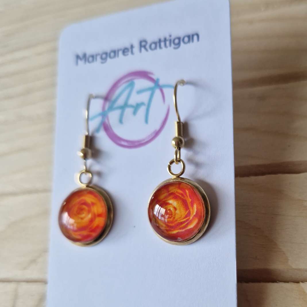 Orange Rose Art dangle Earrings, 18ct gold plated.