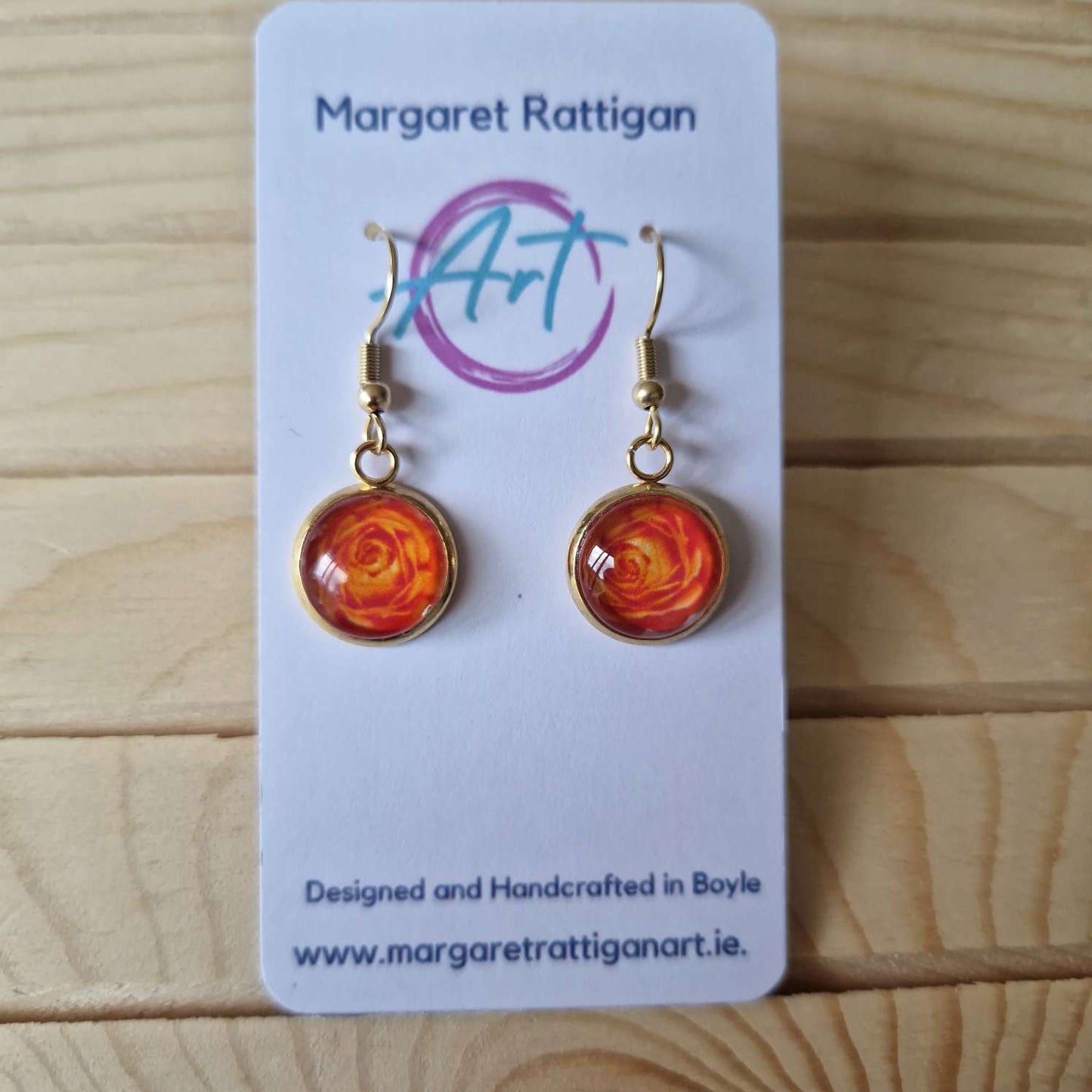 Orange Rose Art dangle Earrings, 18ct gold plated.