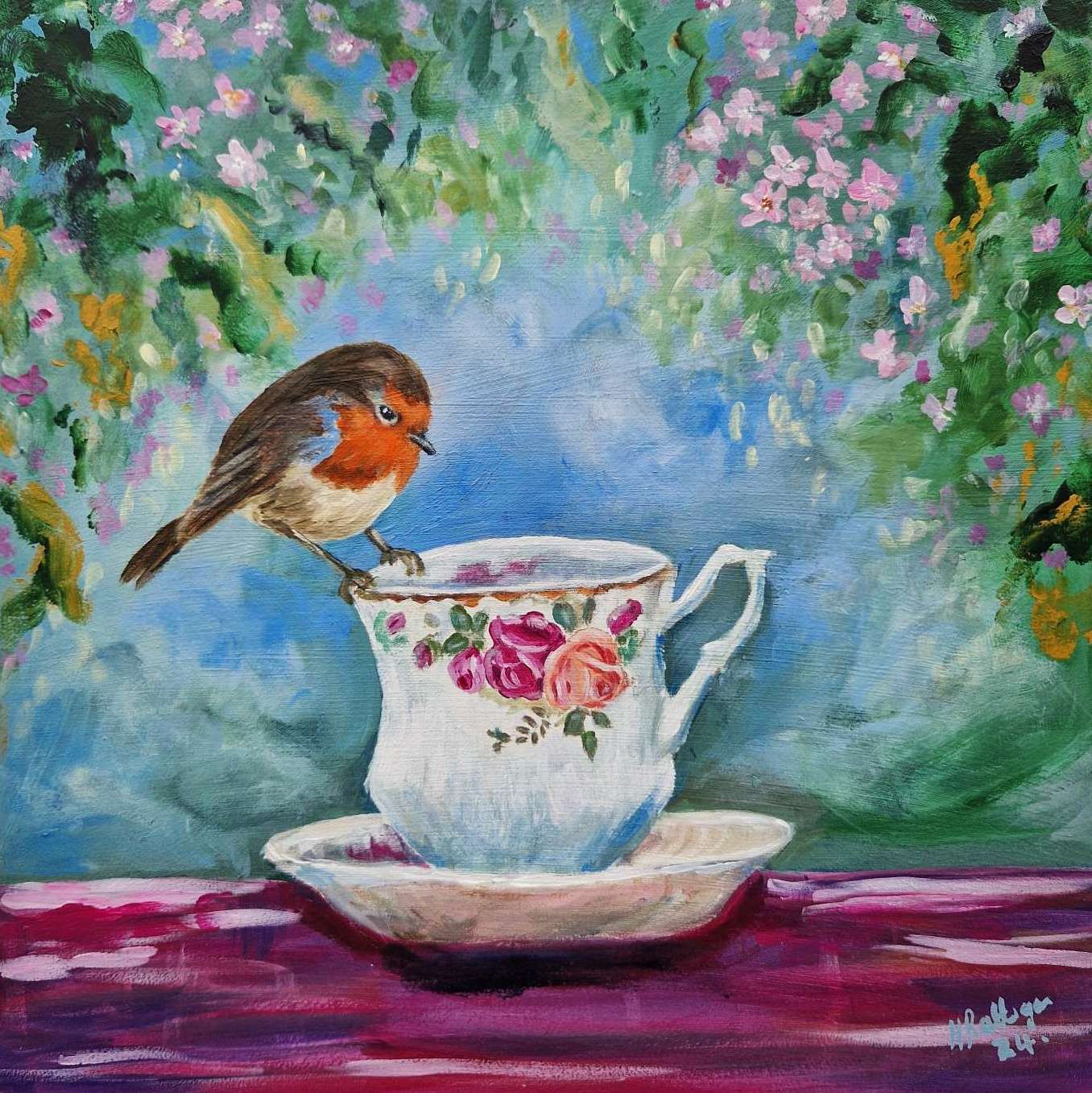 Robins appear..... Robin perched on a Country Roses teacup, limited edition print.