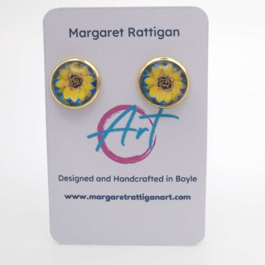 Sunflower love Art glass stud earrings. handmade.