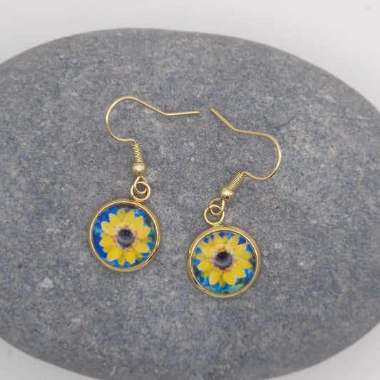 sunflower on blue dangle earring gold plated.