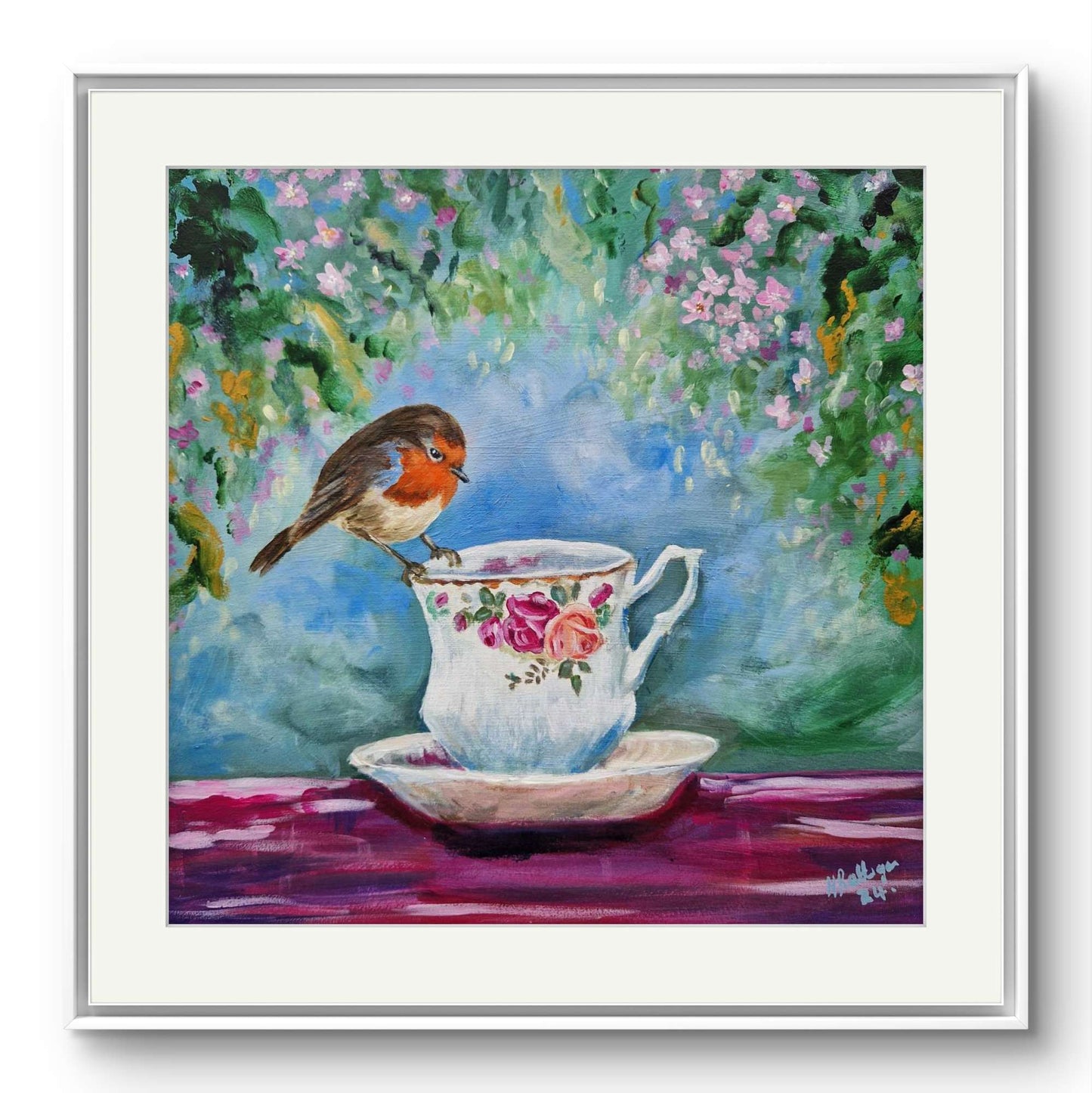 Robins appear..... Robin perched on a Country Roses teacup, limited edition print.