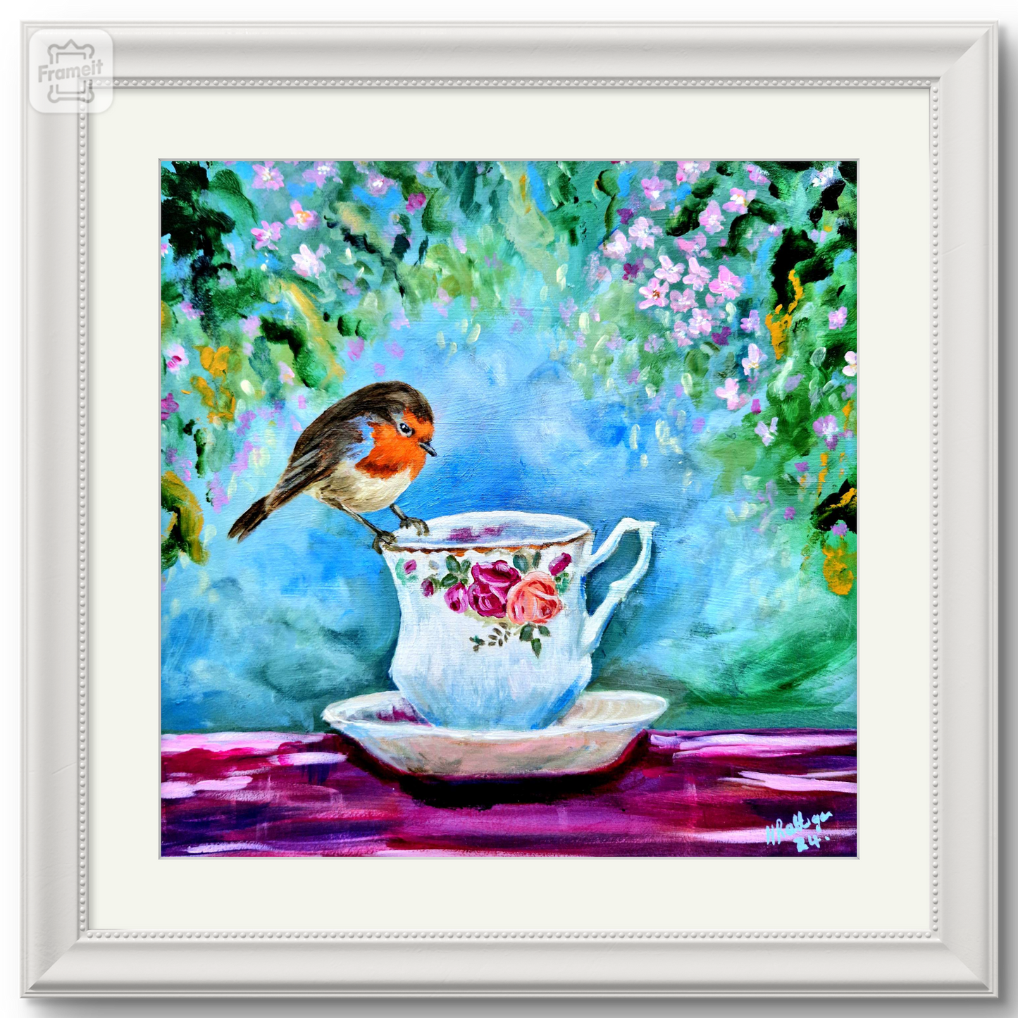 Robins appear..... Robin perched on a Country Roses teacup, limited edition print.