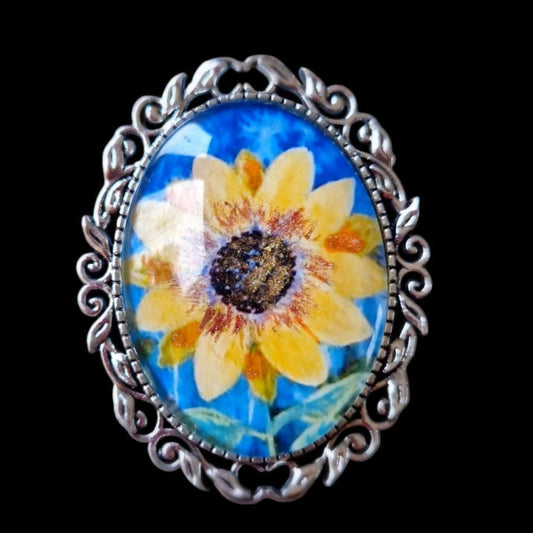 handcrafted Sunflower on Blue Brooch