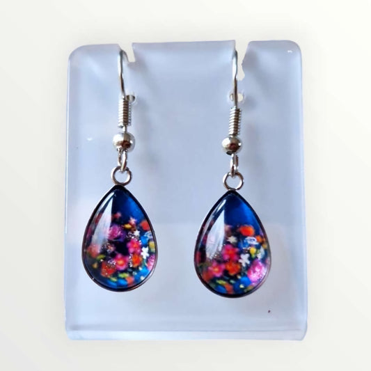 Wildflowers on navy dangle tear drop earrings